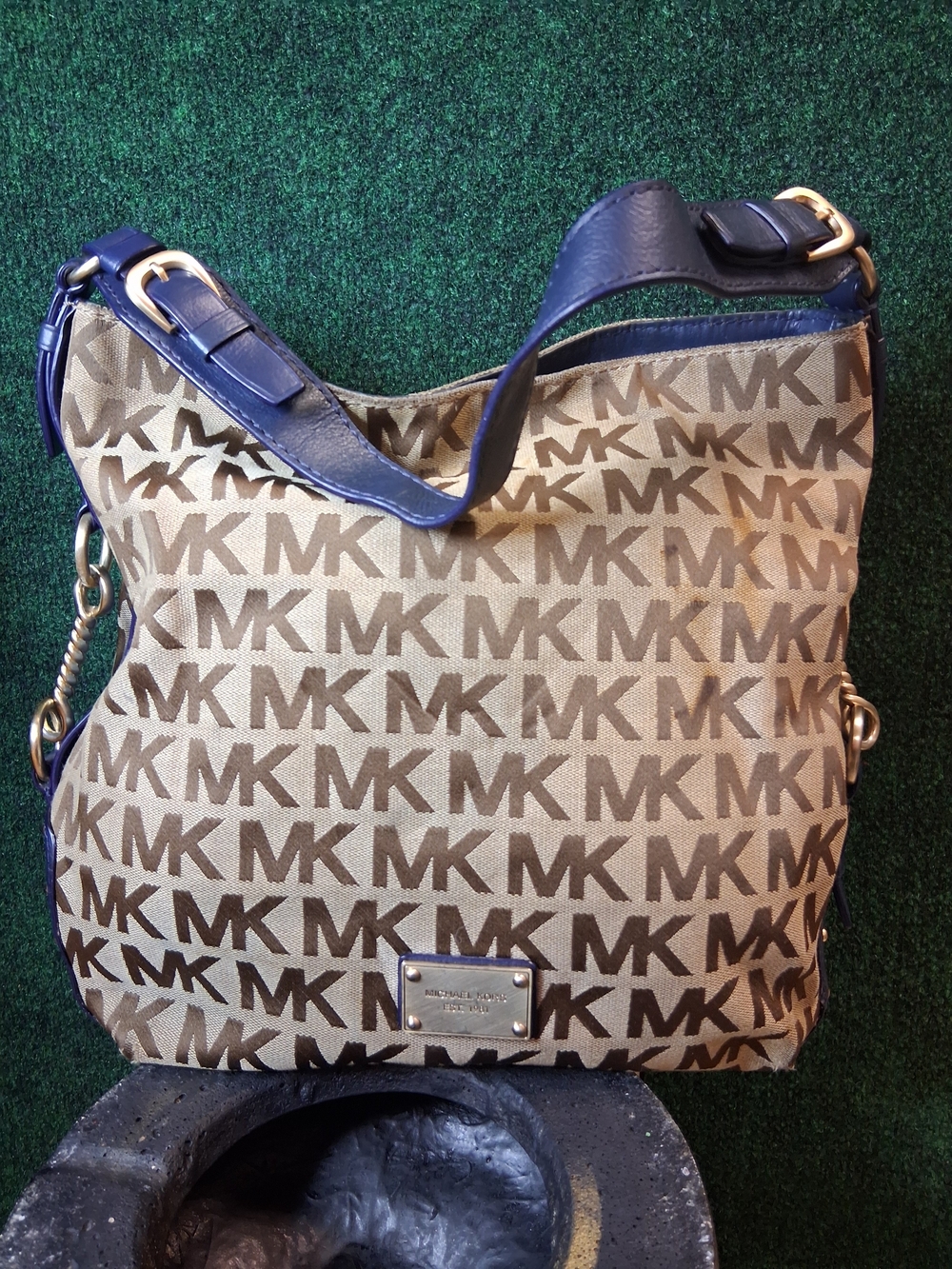 Michael Kors Beige MK Monogram Shoulder Bag with Navy Trim